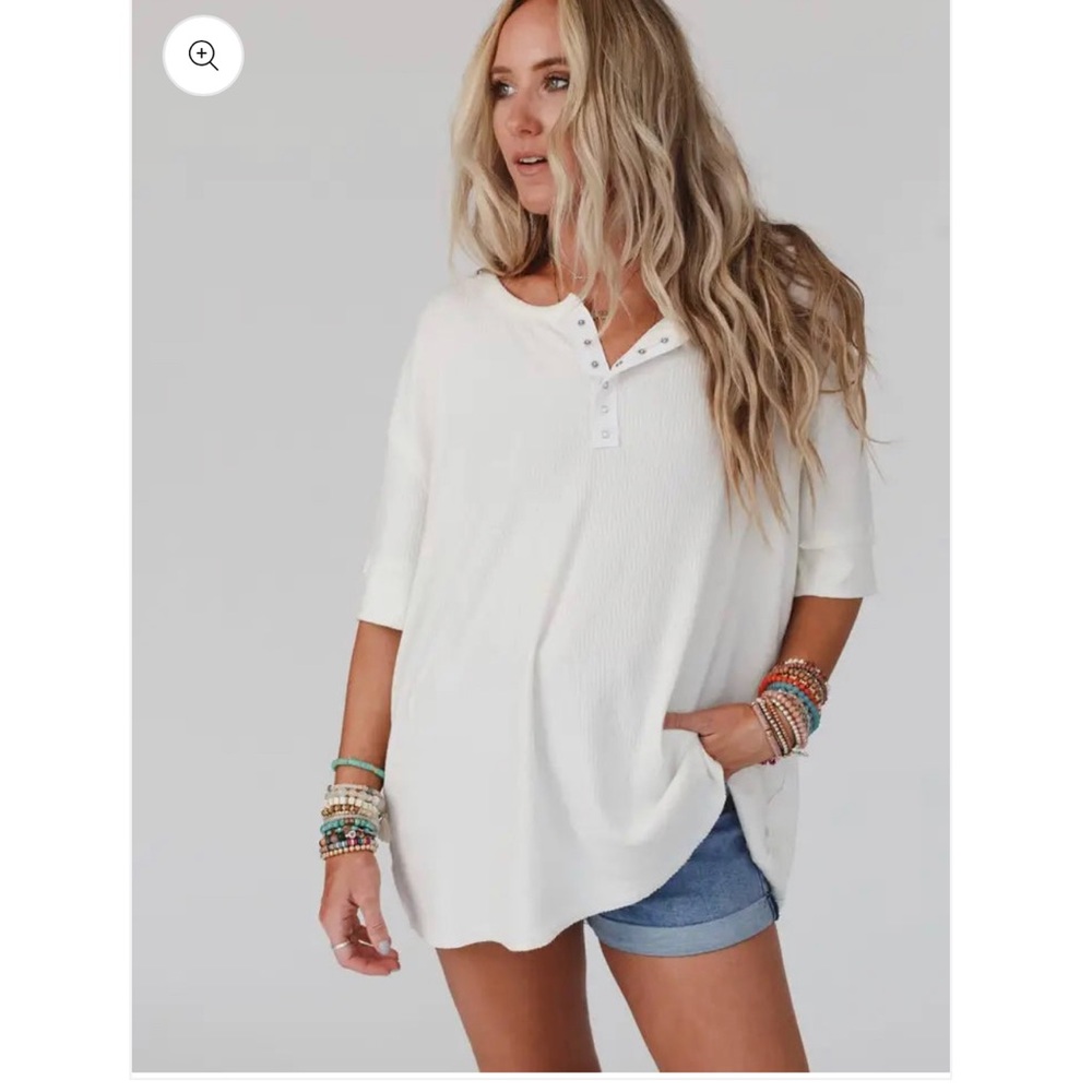 Luci Ribbed Henley Top - Ivory